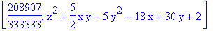 [208907/333333, x^2+5/2*x*y-5*y^2-18*x+30*y+2]